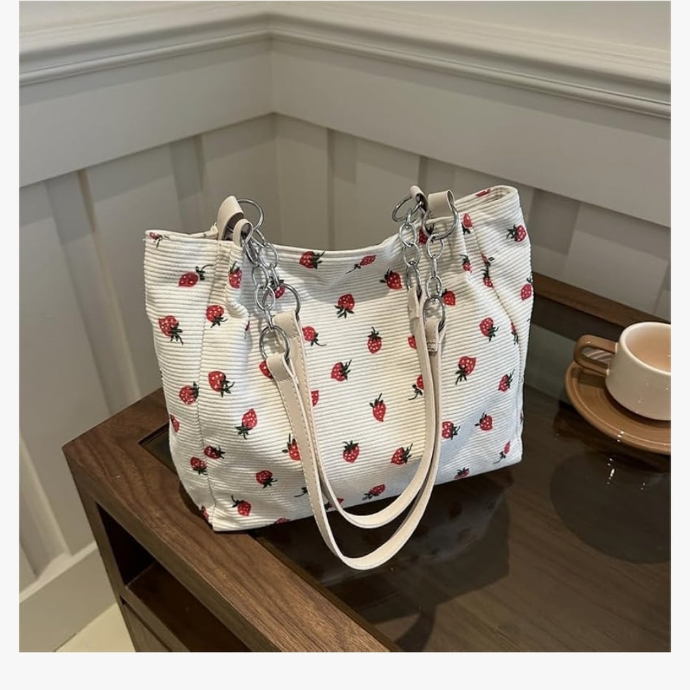 Strawberry Print Tote Bag - Cream and Red - Picture 6 of 8